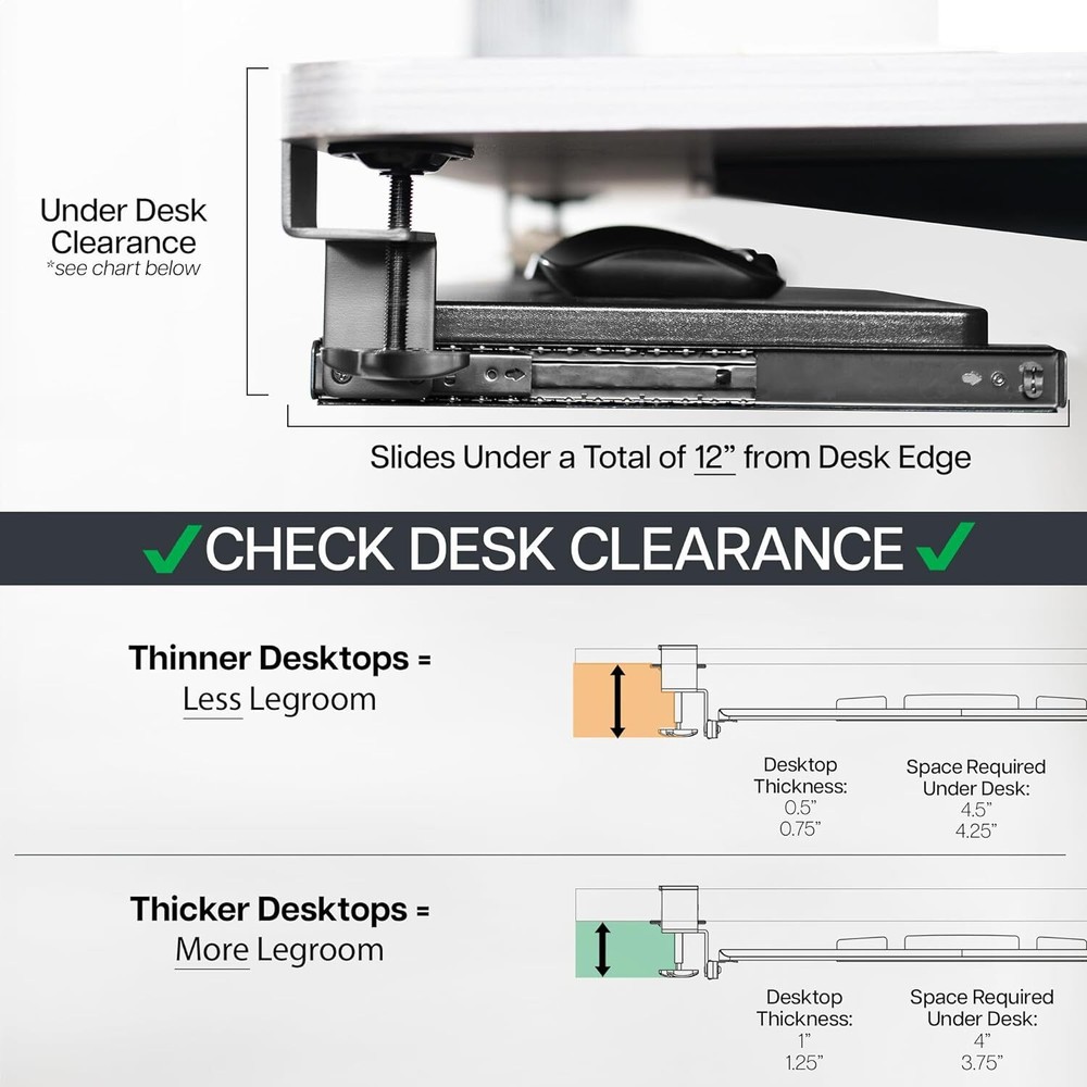 Large Keyboard Tray under Desk Pull Out with Extra Sturdy C Clamp Mount System