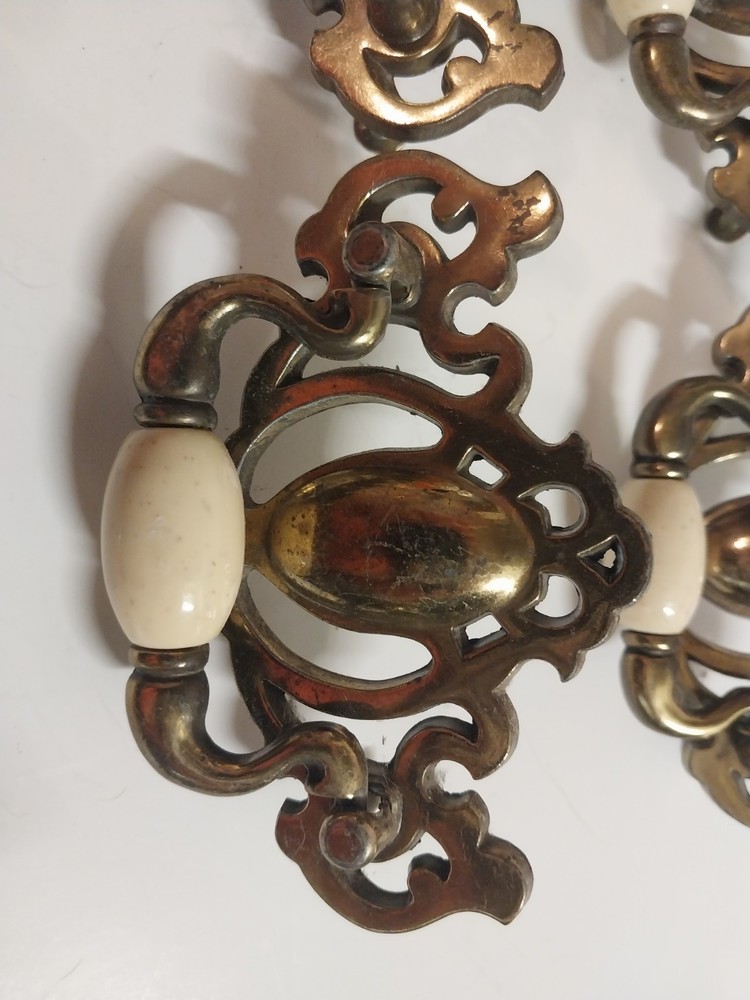 Vintage Set 6 Drawer Pulls & 4 Knobs Matching Brass and White Ceramic