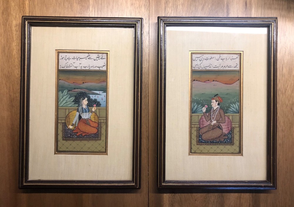 Two Hindi Miniature paintings with Urdu script calligraphy - amazing condition