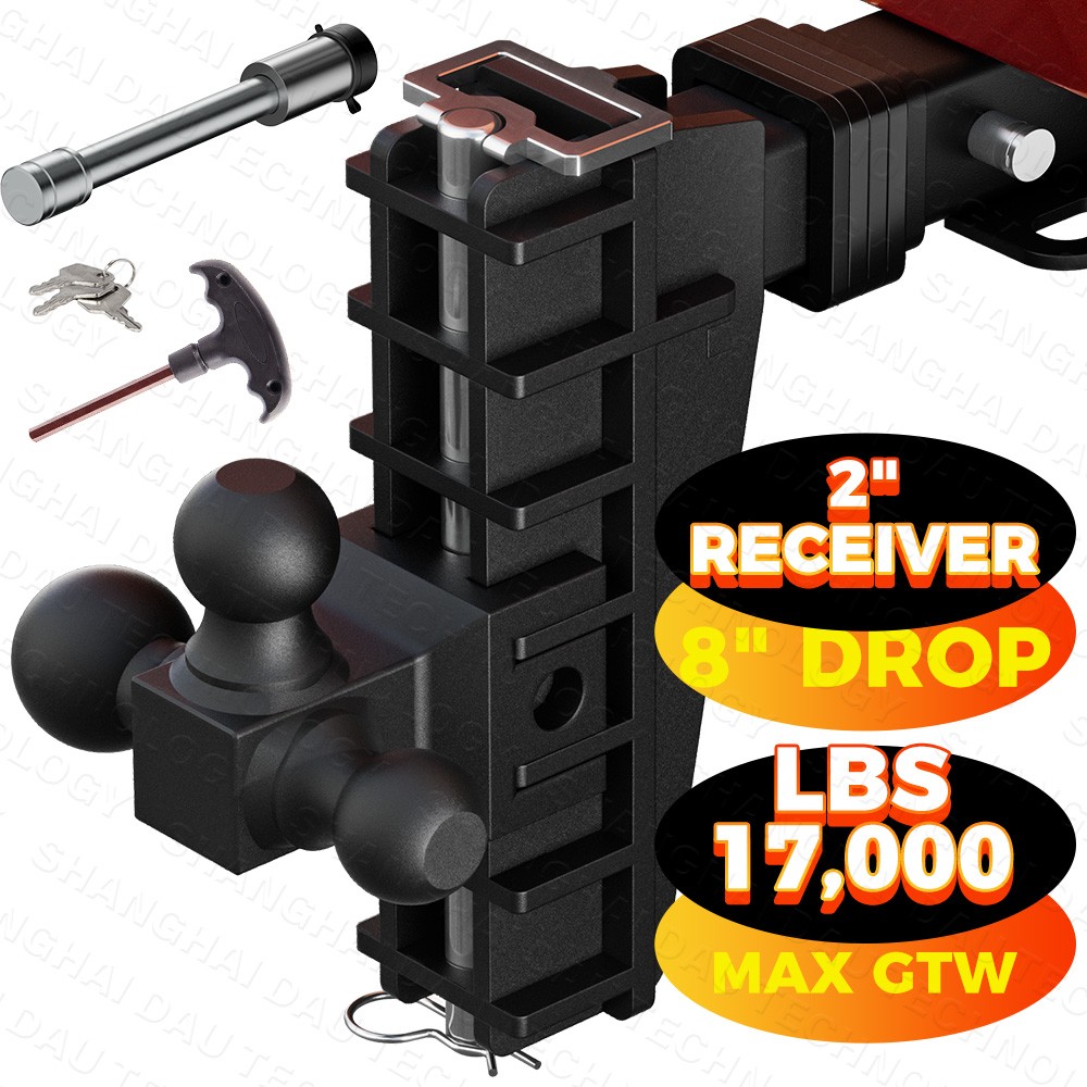 Adjustable Trailer Hitch 2'' Receiver  8'' Drop Tow Hitch Tri-Ball Heavy Duty