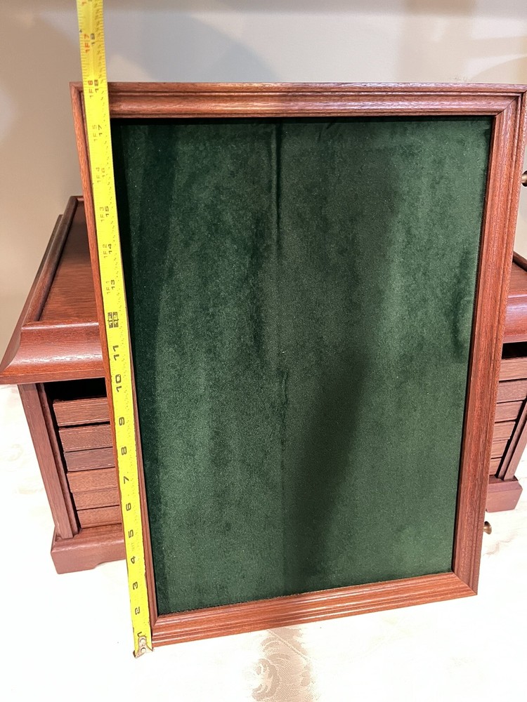 Mahogany Solid Wood Tabletop Chest 6 Drawers Velvet Green Lined Brass Knobs