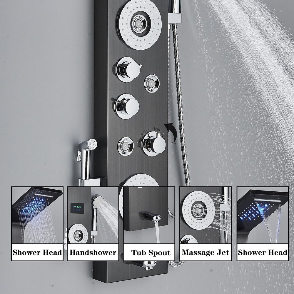 Stainless Steel Shower Panel Tower System LED Rainfall&Waterfall Massage Body