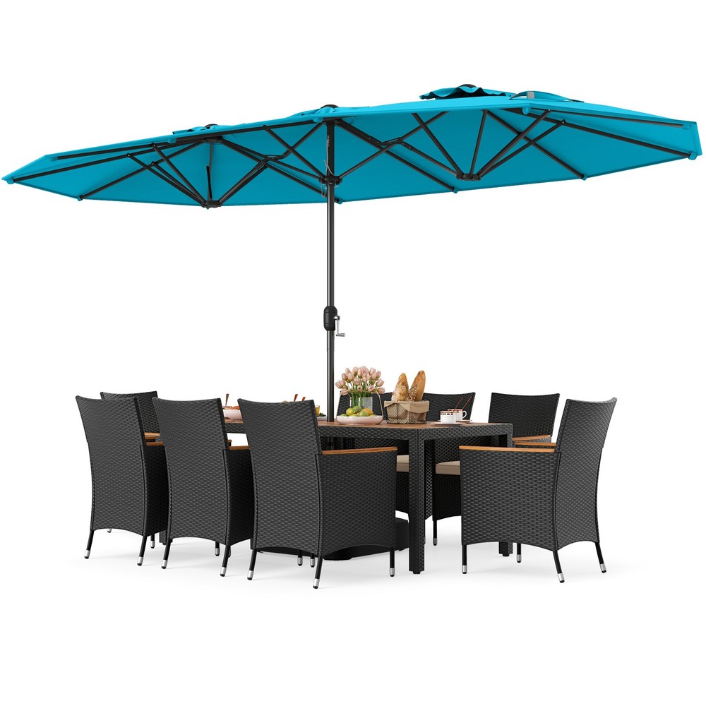 11PCS Patio Wicker Dining Set w/Double-Sided Outdoor Umbrella 8 Stackable Chairs