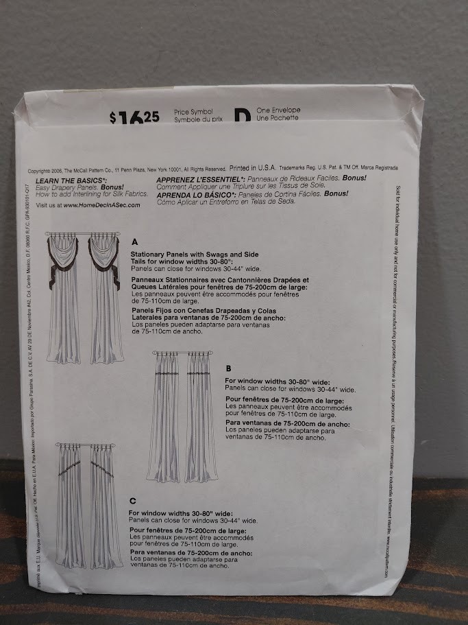 McCall's M5121 Easy Drapery Panels Sewing Pattern Uncut
