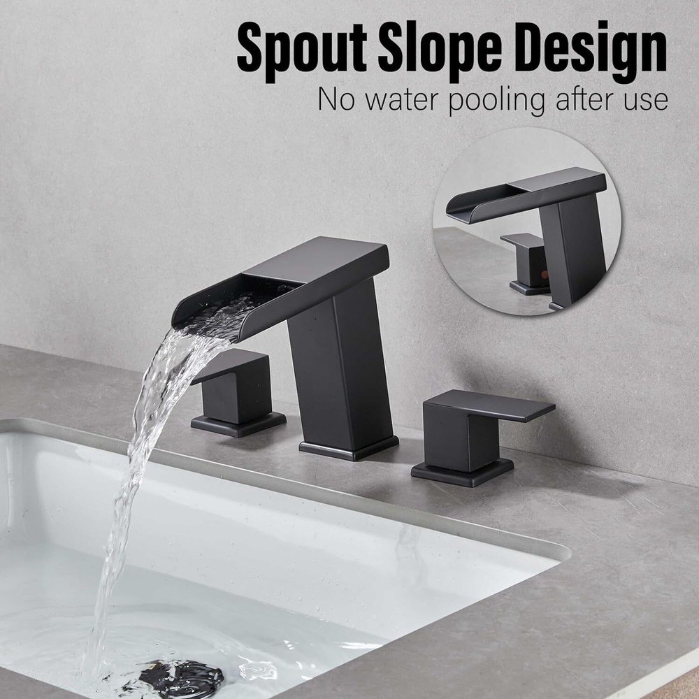 Loopan Matte Black 8" Widespread 3-Hole Waterfall Spout