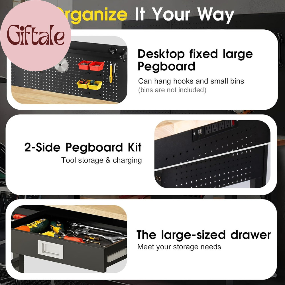 60" Adjustable Work Bench with Drawers, Workbench for Garage with Strip Light, W