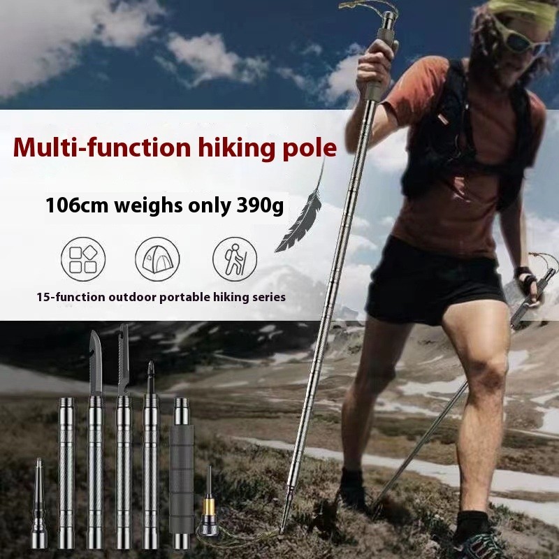 Multifunctional Tactical Trekking Pole, Folding with Compass Whistle Knife HooK