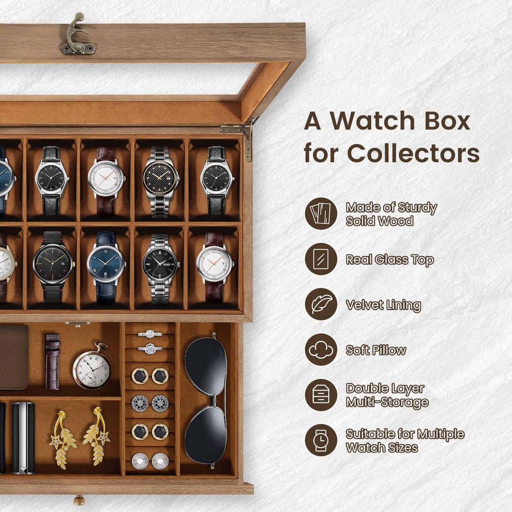 12 Slots Watch Box Solid Wood Storage Display Case Wrist Watch Case