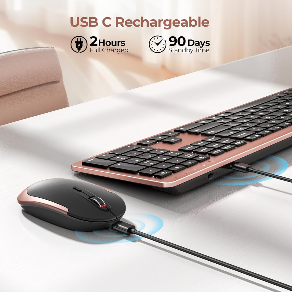Wireless Keyboard and Mouse Combo, Rechargeable Quiet Keyboard Mouse, Sleek and
