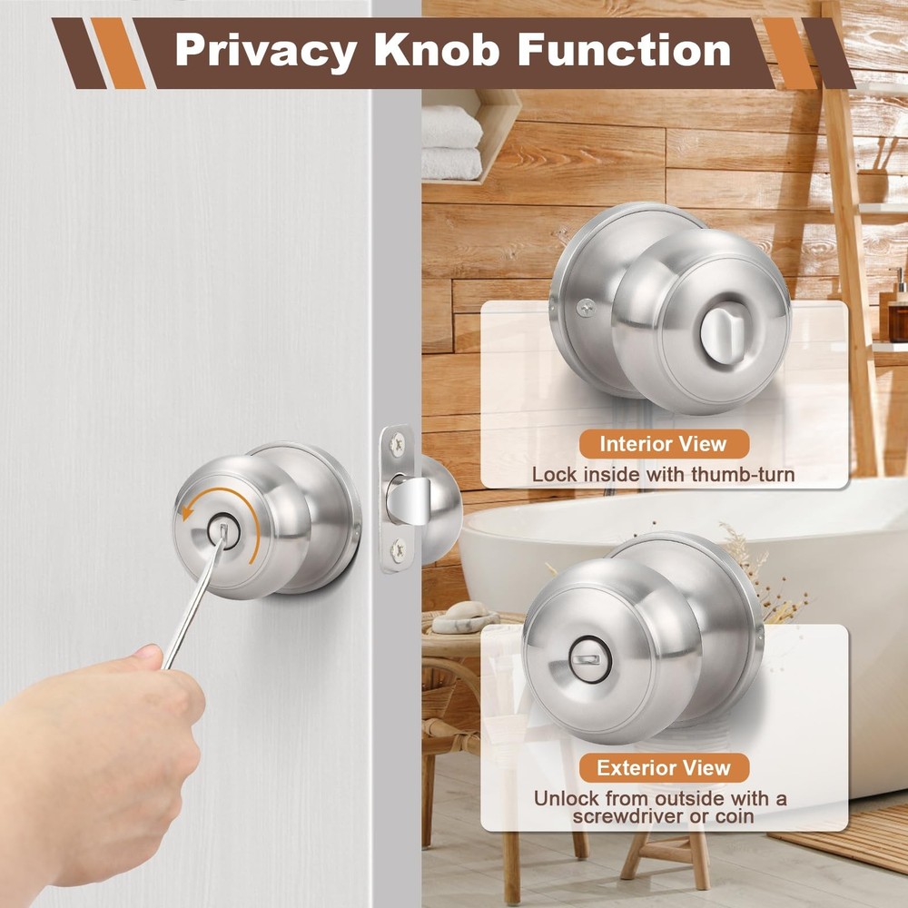5 Pack Door Knobs Brushed Nickel Interior Keyless Door Lock Privacy Door Hand...