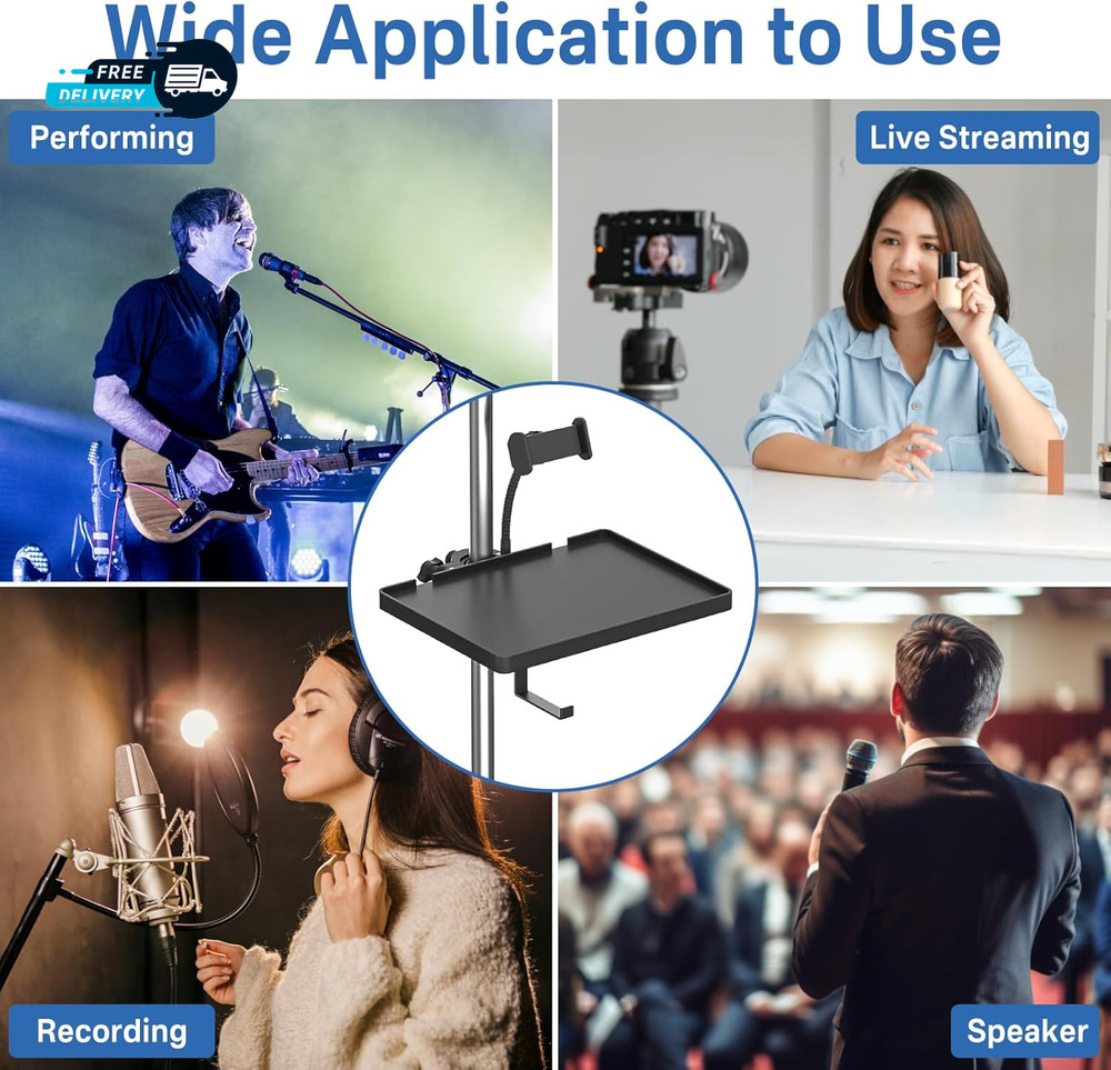 Functional Microphone Stand Tray with Adjustable Mic Stand Phone Holder