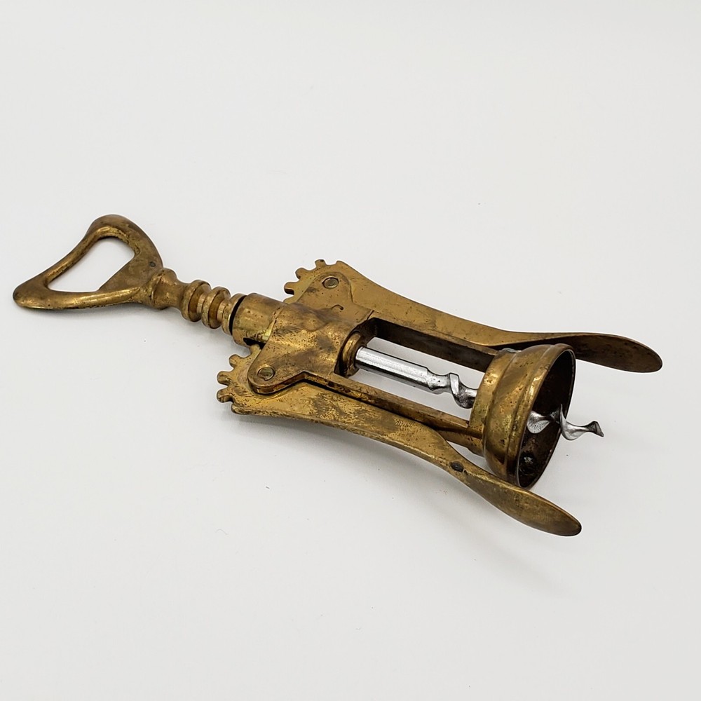 Vtg Solid Brass Corkscrew Bottle Opener Italy