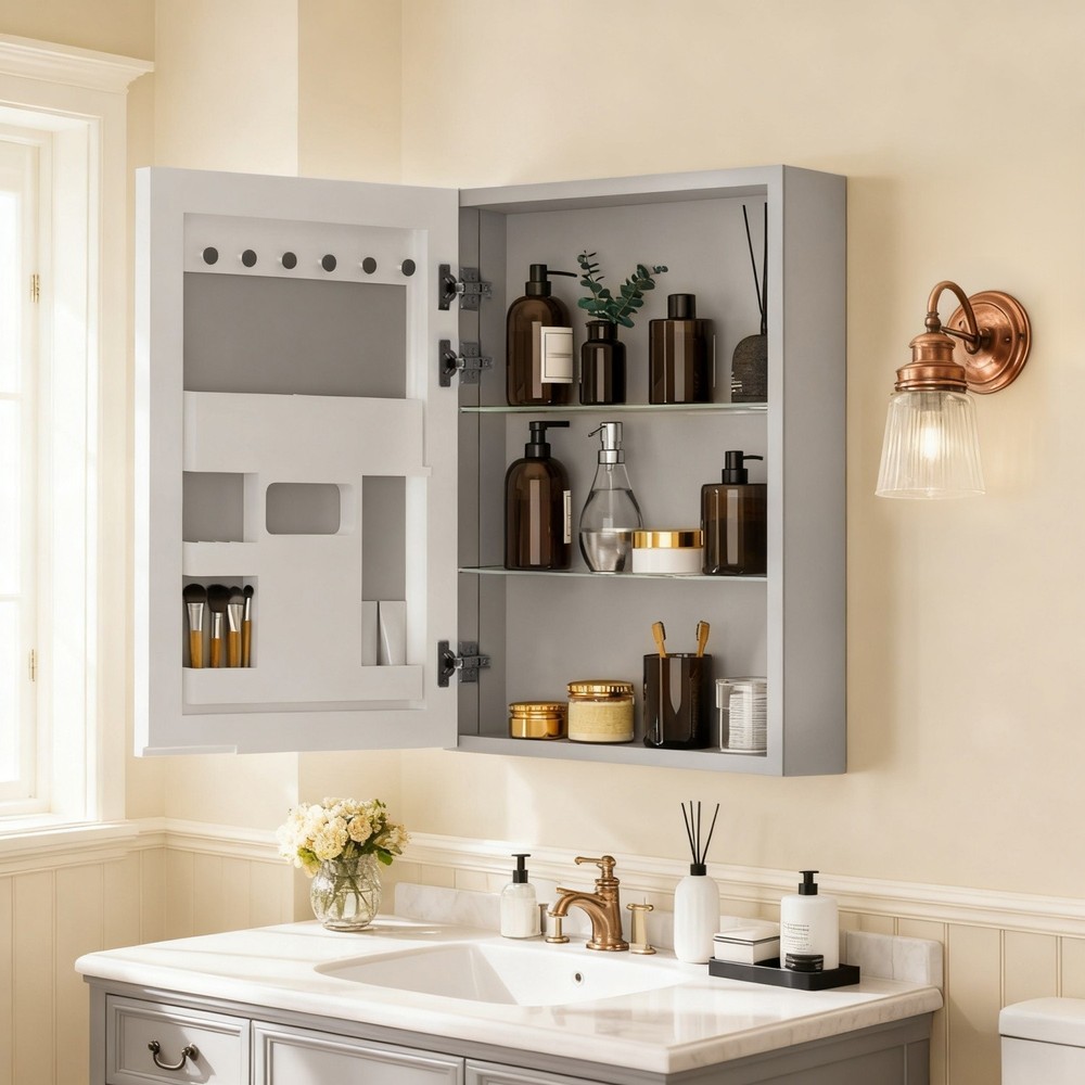 Bathroom Mirror Cabinet Ample Vanity with Adjustable Shelves Left Open 20"x28"