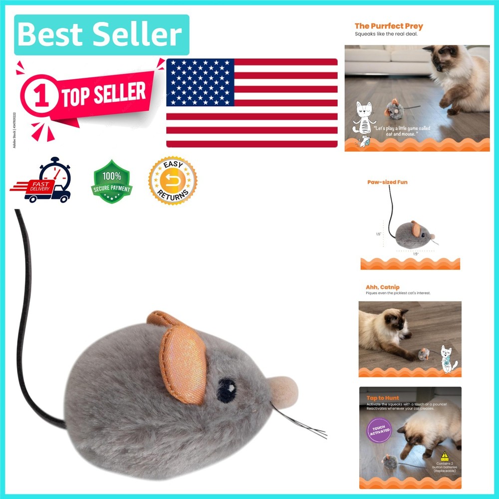 Interactive Touch-Activated Cat Toy – Gray Squeak Squeak Mouse with Catnip