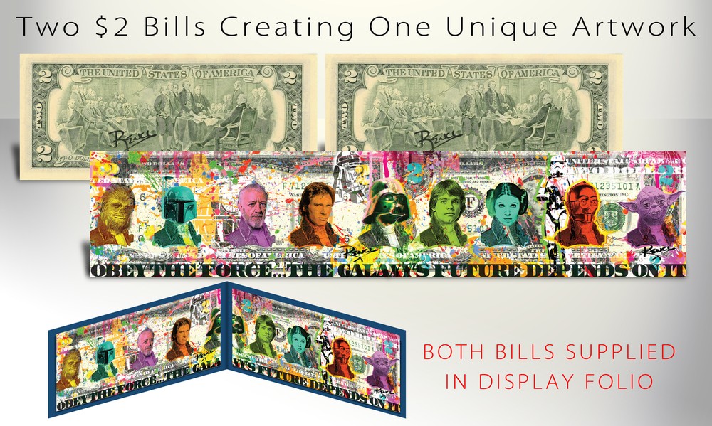 STAR WARS * Original Characters * Panoramic Art on 2-Panel Genuine U.S. $2 Bills