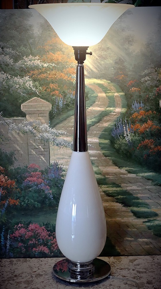 Vintage MCM Torchiere Table Lamp White Ceramic Glass Chrome 36"