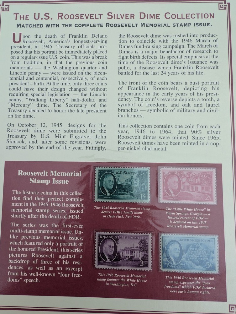 Roosevelt Silver Dime And Stamp Collection Book, COINS MISSING