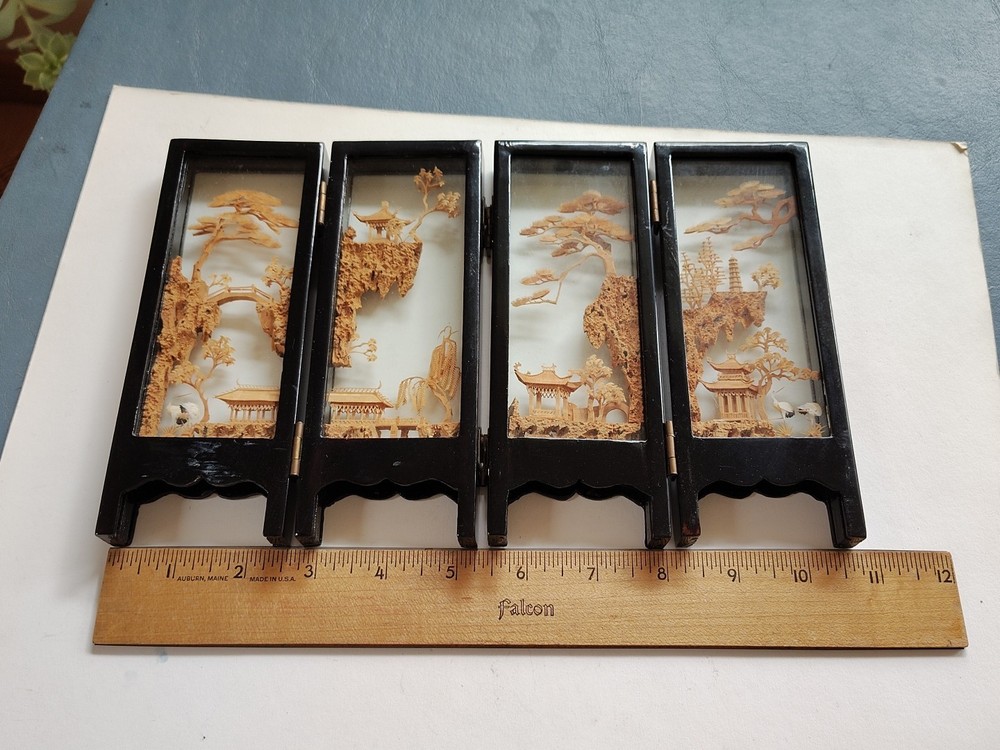 Vintage Glass, Carved Cork Desktop Folding Screen