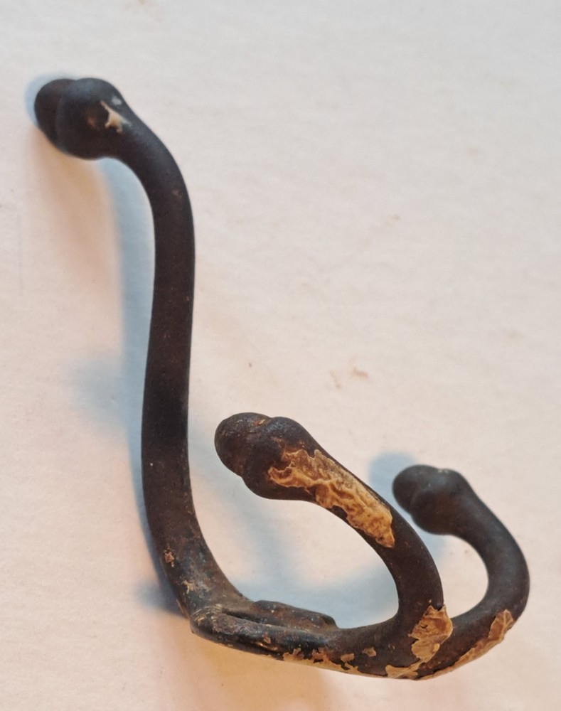 Antique Primitive Triple Hook Coat Hanger Acorn Tips Rustic Iron