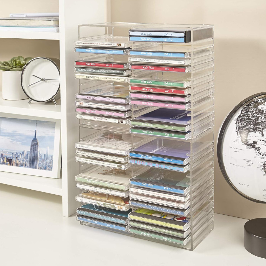 Clear Plastic CD Holder Storage Rack Stacking Tray DVD Disk Case Space Organizer