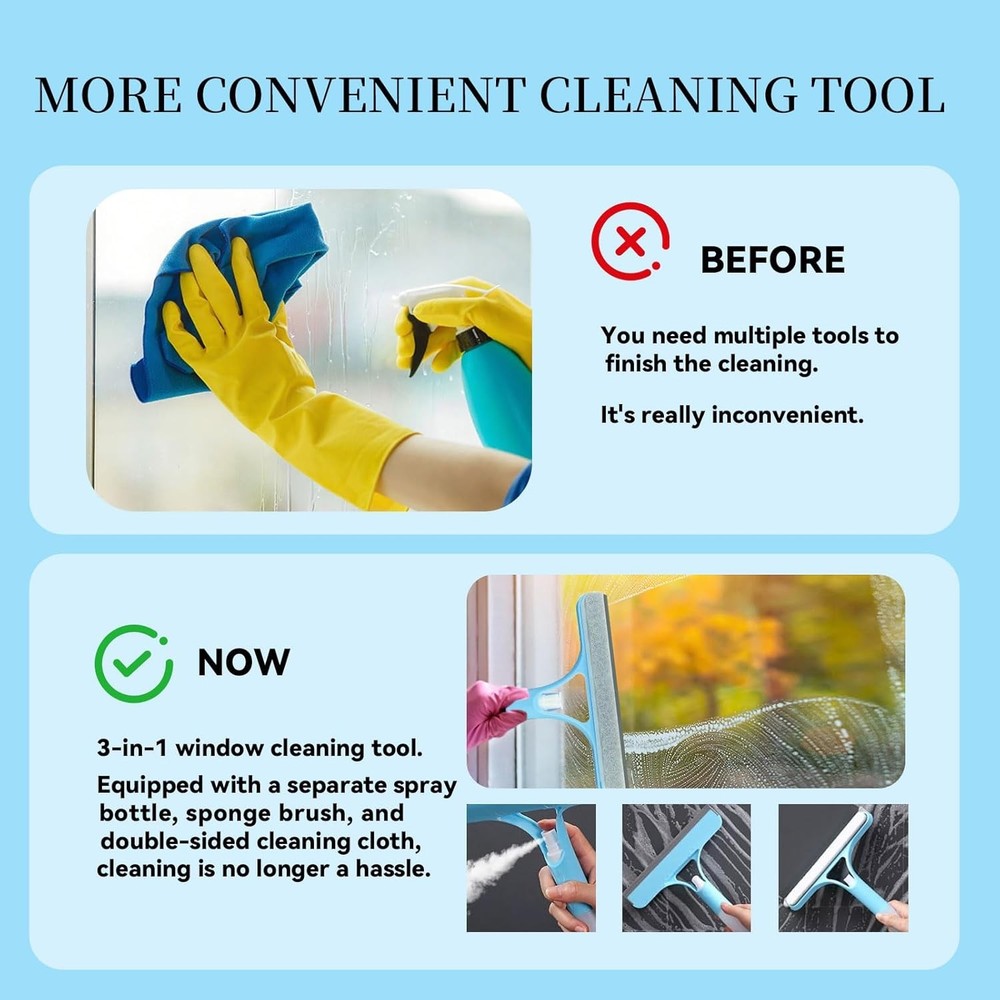 3 in 1 Window Cleaning Scraper Squeegee Brush Tool Blue