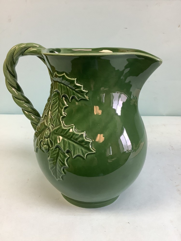 Italian Deep Green Holly Pitcher with Twisted Handle 7.5” H