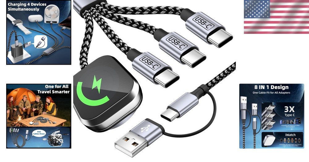 Lightweight 4-in-2 Charging Cable for Watch/Iphone/Android - Travel Ready 5FT