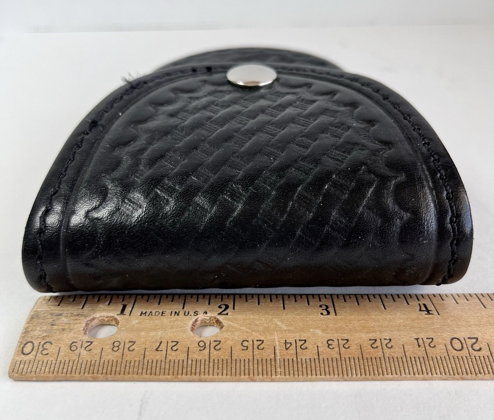 Boston Leather Handcuff Pouch 5514 Black Leather Basketweave Pattern Snap Close
