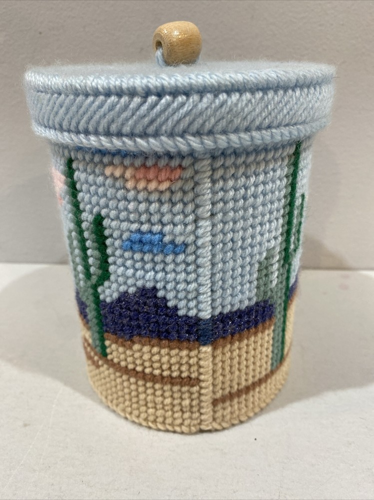 Handmade Needlepoint Plastic Canvas Coffee Can Cover Desert Canvas Cactus