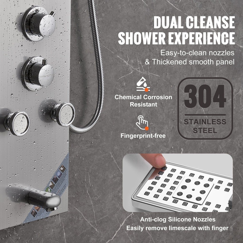 6-Mode LED Shower Panel, Rainfall & Waterfall, 5 Jets, Handheld, Stainless Steel