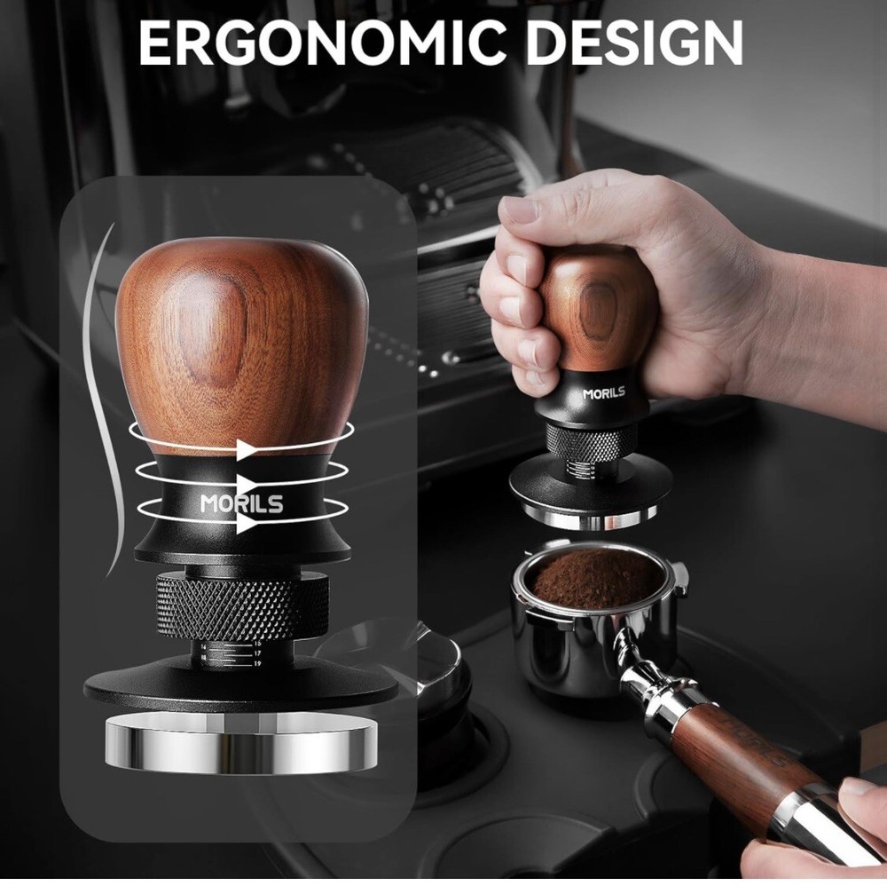 MORILS Walnut Wood Coffee Espresso Tamper Adjustable Depth 53.3mm
