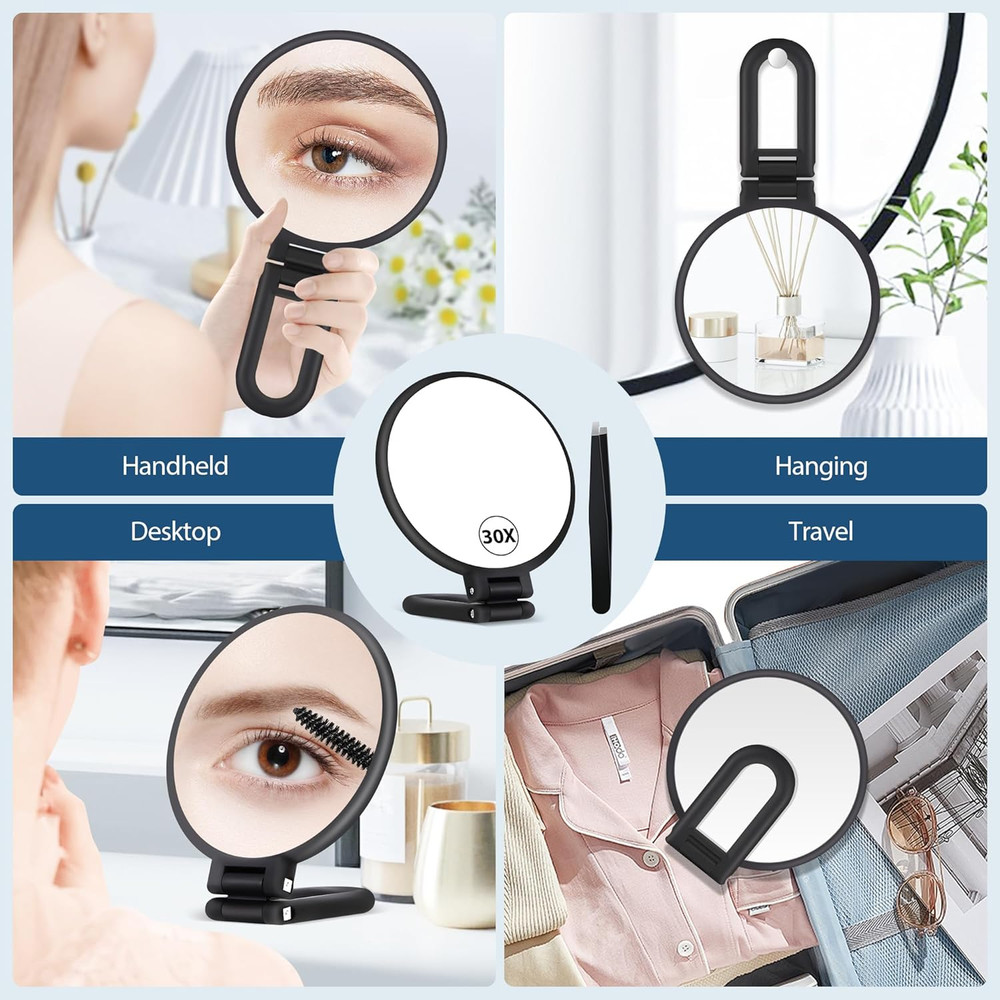 30X Magnifying Mirror, Hand Mirror with Handle, Double Sided Hand Mirror with 30