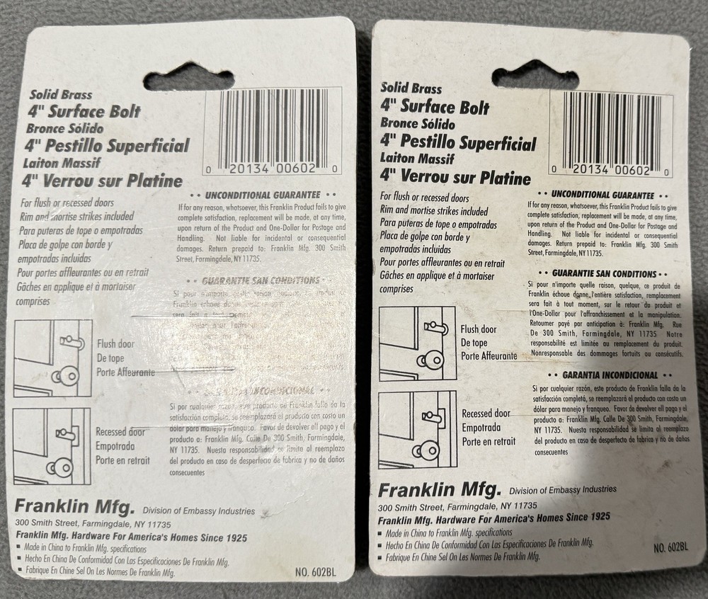 2 Pack Franklin - Solid Brass Polished Surface Bolt 4" w/ Rim & Mortise Strikes