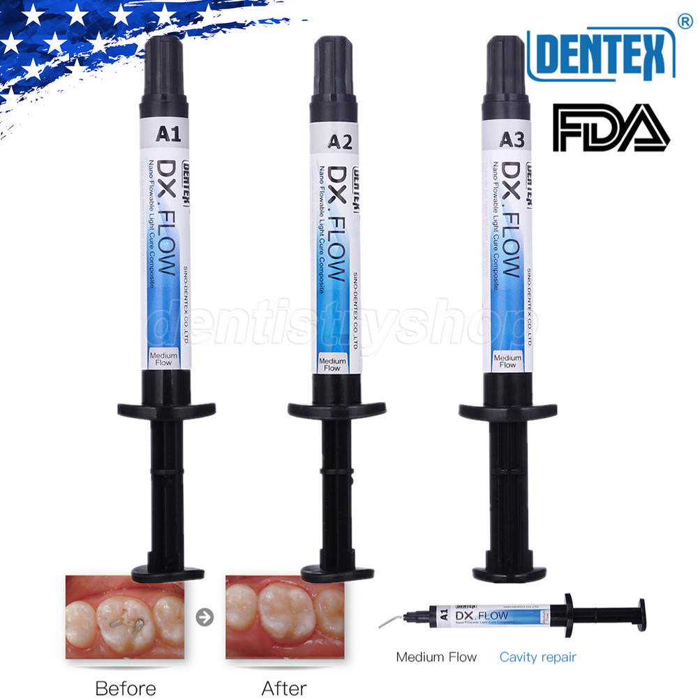 DX Dental Light Cure Composite Resin Flowable Medium Flow A1 A2 A3 3g/Syringe