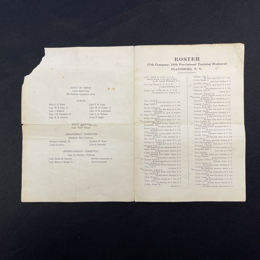 1917 Plattsburg Training Regiment Dinner Menu Program Murrays Restaurant - ROTC