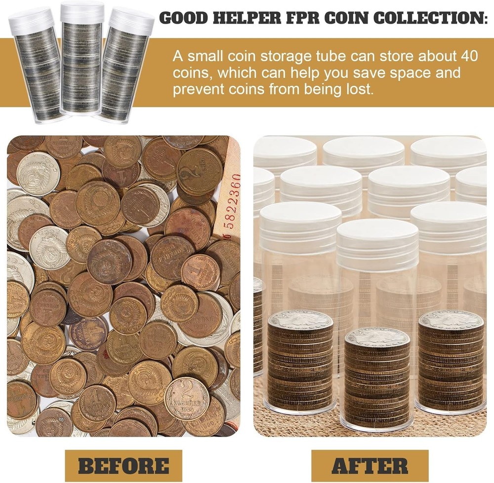 30 Pack Clear Plastic Coin Storage Tubes with Rotatable Lids