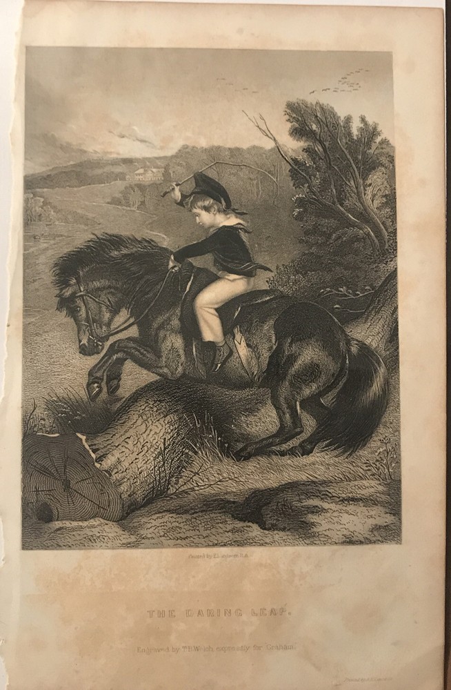 1851 etching "The Daring Leap" 9 1/2X6