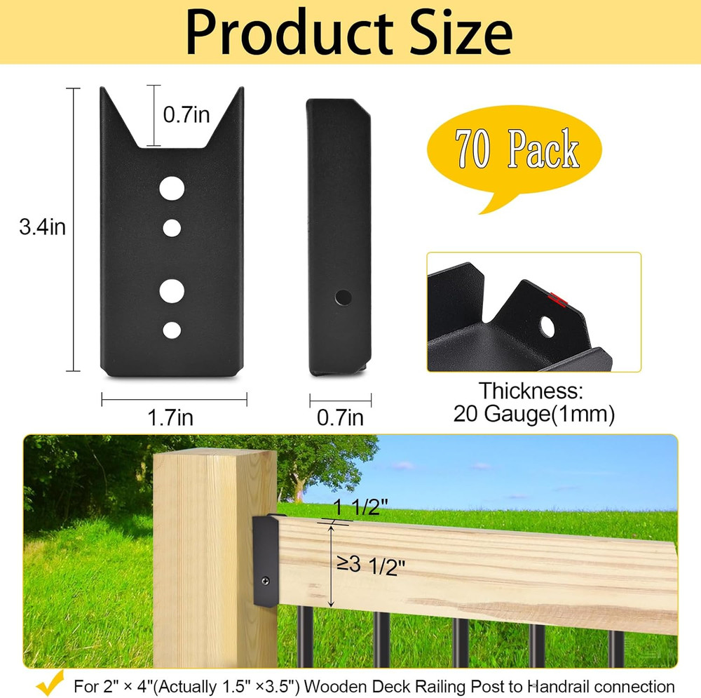 70 Pack 2X4 Brackets for Wood Rail, Black Deck Railing Brackets Connectors for 2