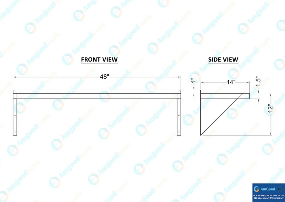 14" Width x 48" Length | Stainless Steel Wall Shelf | Square Edge