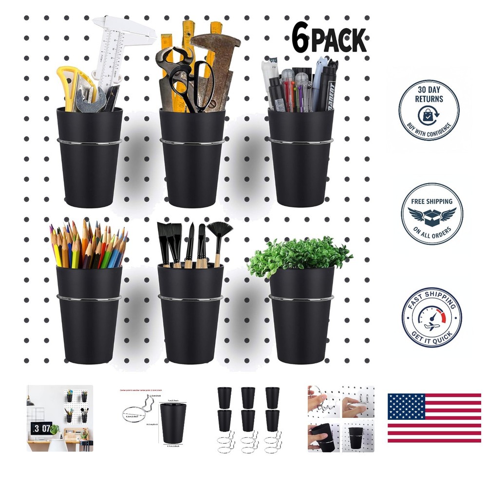 6 Set Ring Style Pegboard Hooks with Cups - Durable Storage for Crafts & Garage