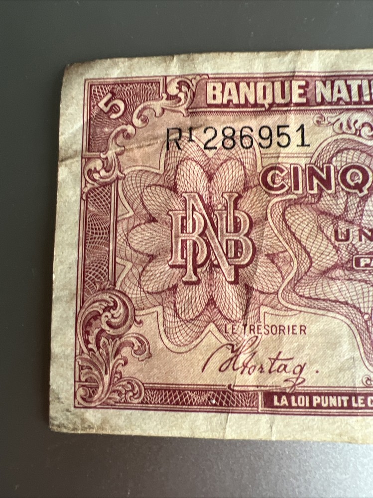1943 Belgium 5 Francs Banknote Circ