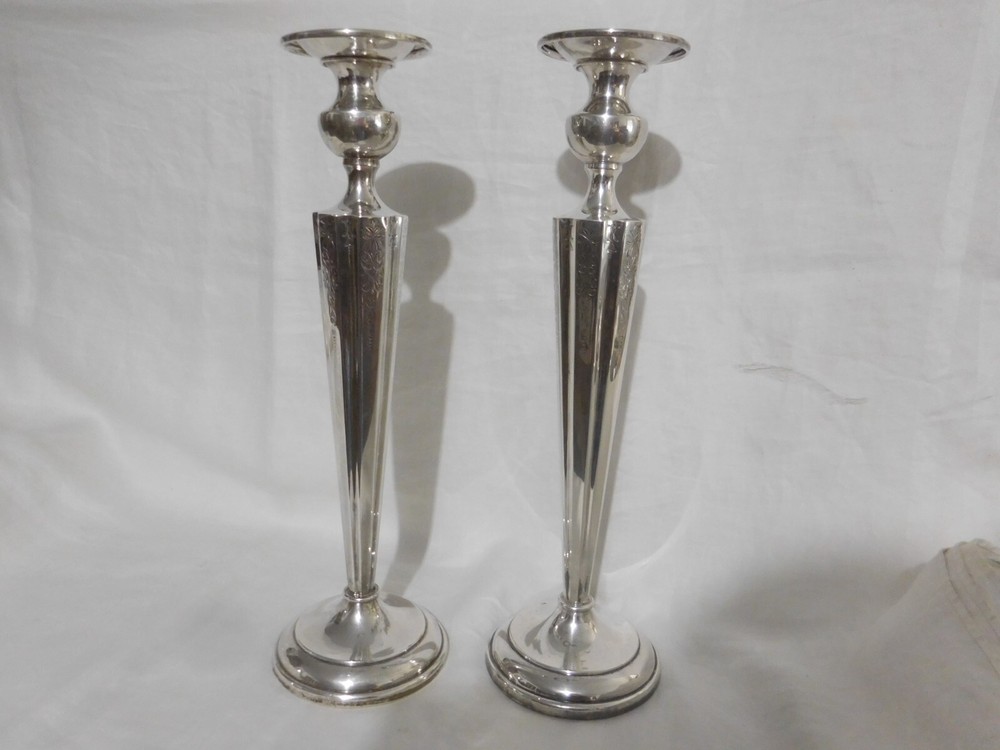 IMPRESSIVE PAIR STERLING SILVER CANDLESTICKS 15" ENGRAVED & FLUTED NO MONOGRAM