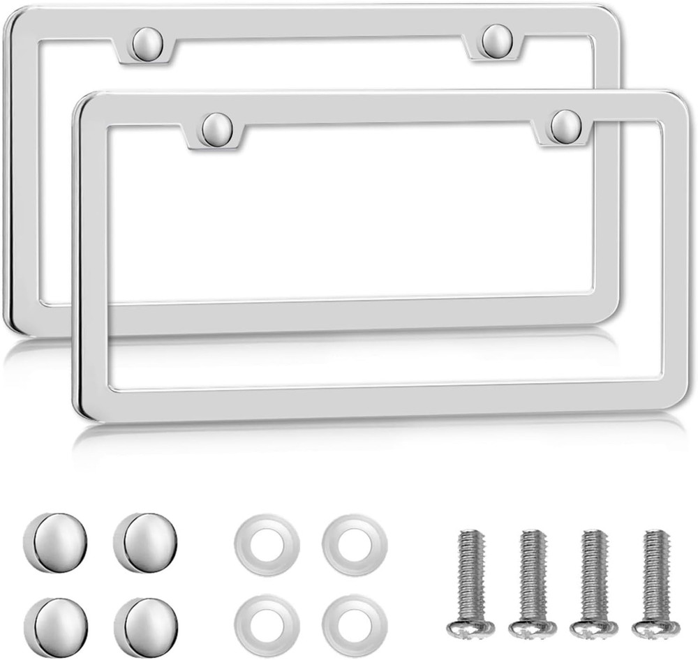 2 Pack Silver License Plate Frames Rust-Proof Universal Stainless Steel 2 Holes