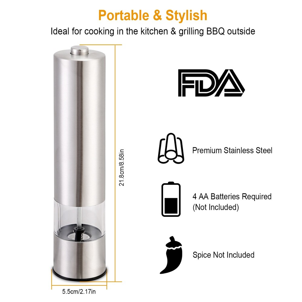 Electric Salt & Pepper Grinder Mill One-Hand Operation Coarseness Adjustable