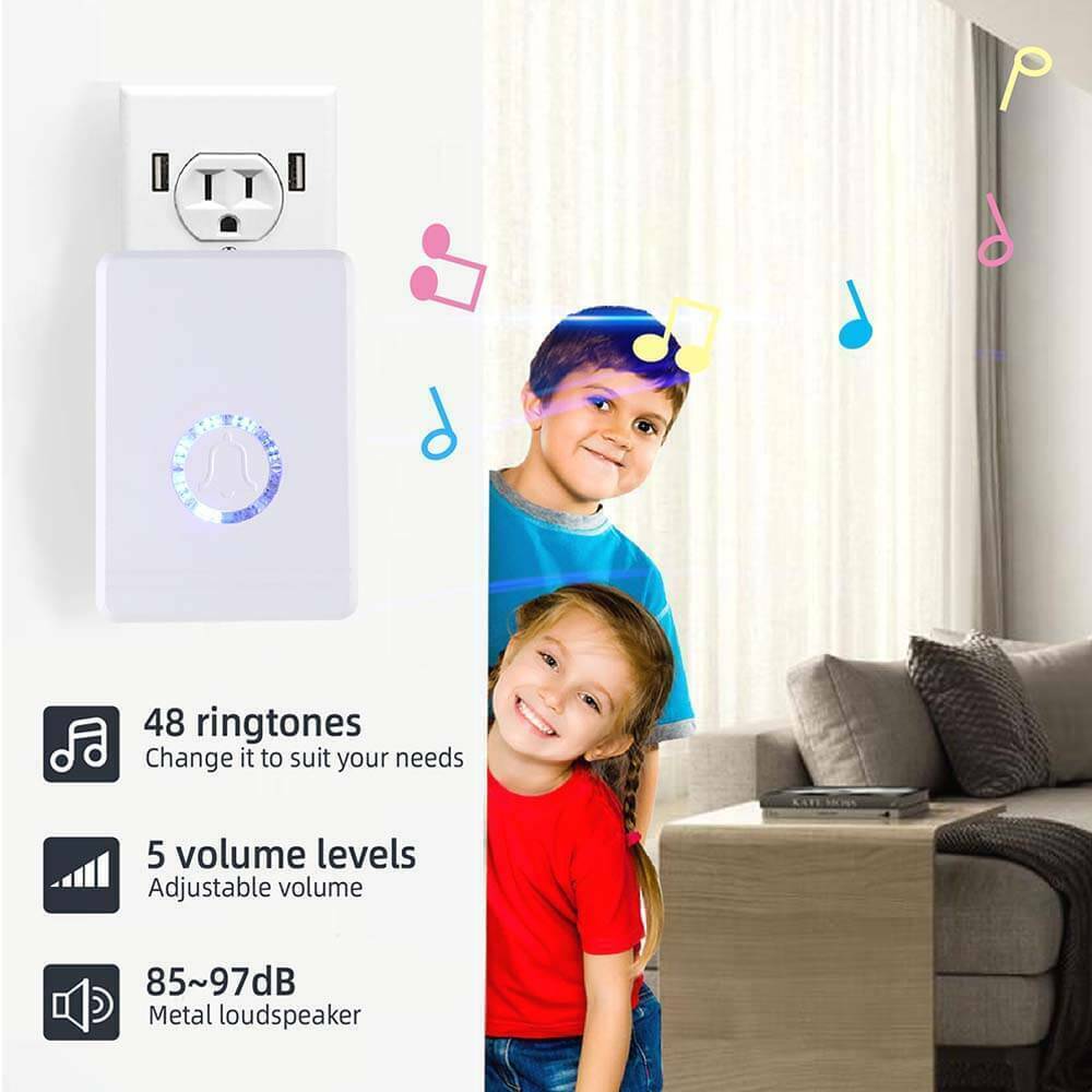Wireless Doorbell Kit Waterproof 2 Push Button Transmitter 3 Receiver Plug Wihte