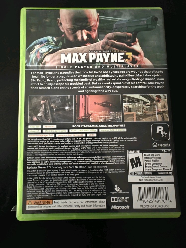 Max Payne 3 (Microsoft Xbox 360 2012) Case Only No Manual