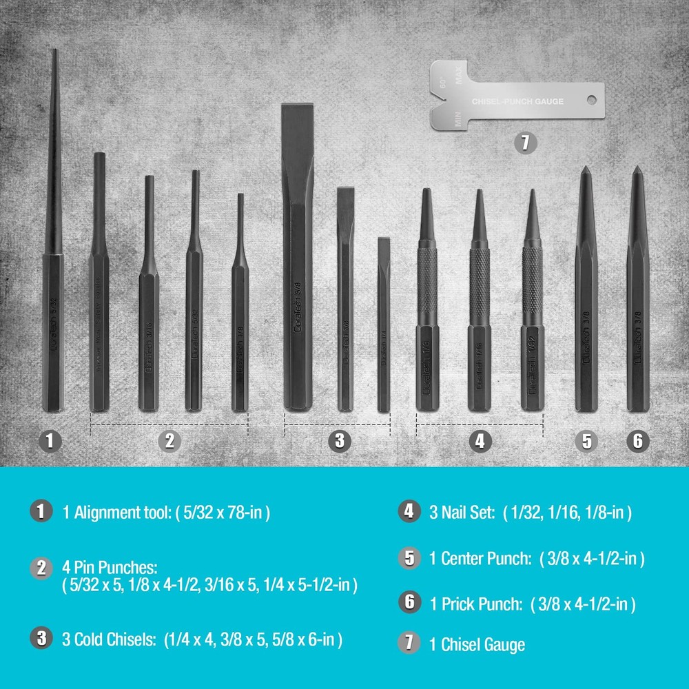 DURATECH 14-Piece Punch & Chisel Set: Pin, Center, Nail Alignment Tools