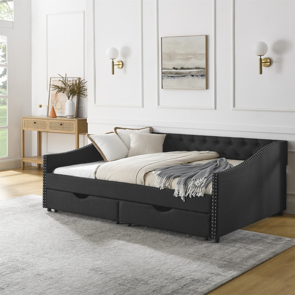 Full Size Daybed Upholstered Bed Frame Sofa Bed w/ 2 Storage Drawer US