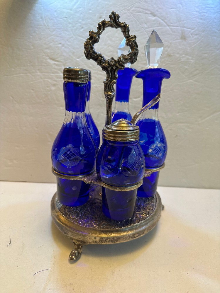 COBALT CUT TO CLEAR CONDIMENT, CASTER SET