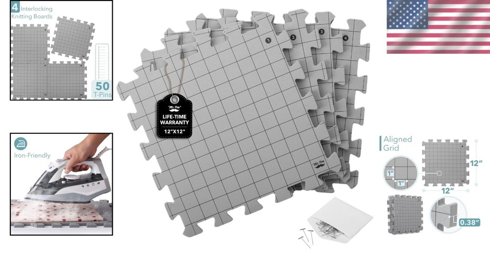 Interlocking Blocking Mats: 12”x12” for Knitting & Crochet - 4 Pack with T-Pins